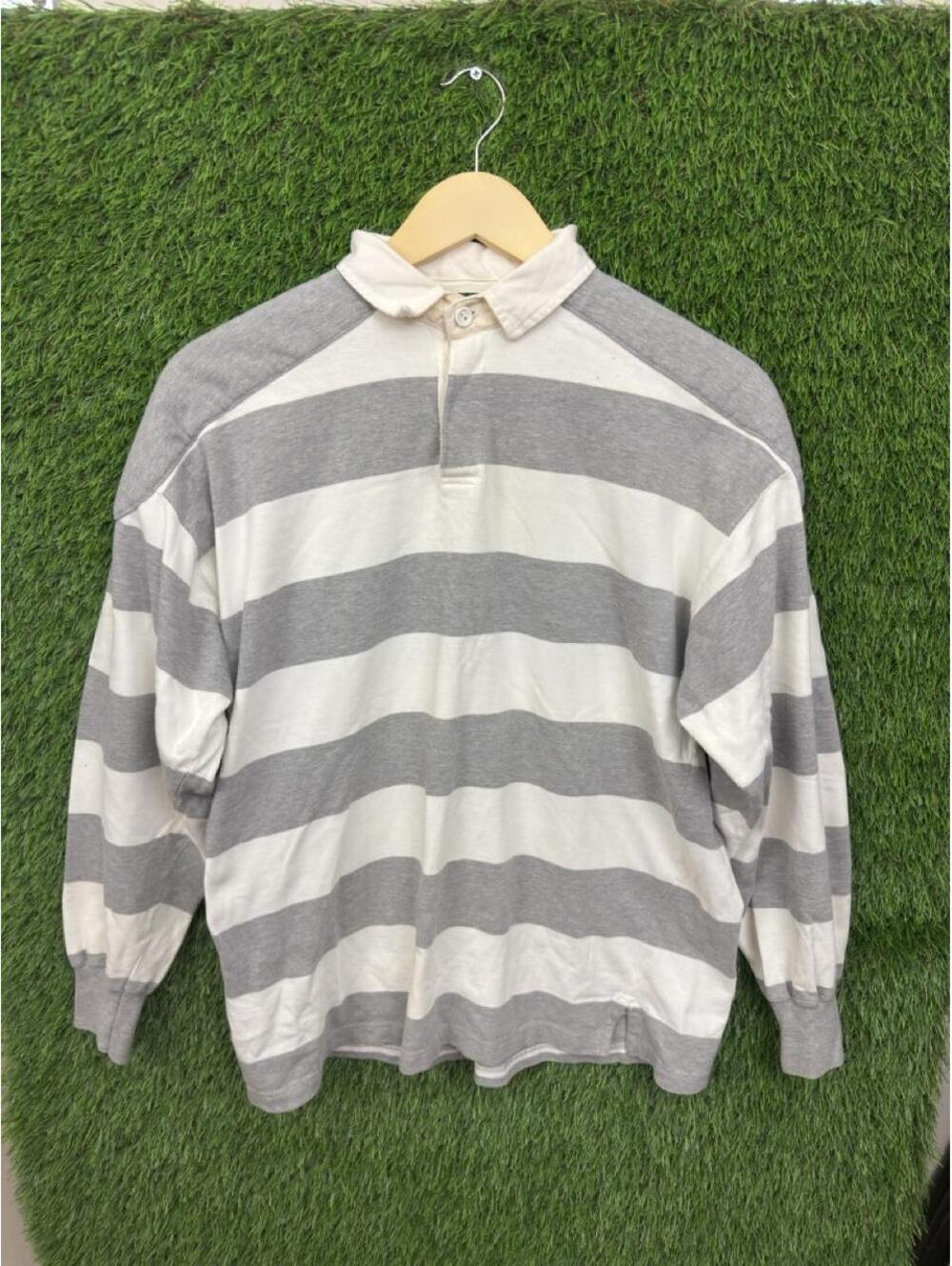 Vintage Club Room Striped Rugby Polo Long Sleeve Shirt Gray White Medium